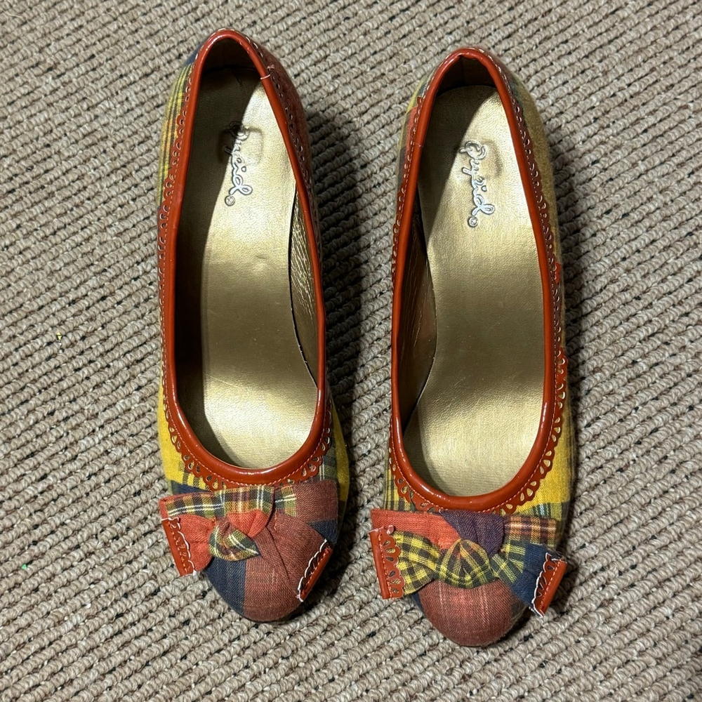 Qupid Yellow Red Plaid Multicolor Plaid Fabric Bow Heels Women 8
